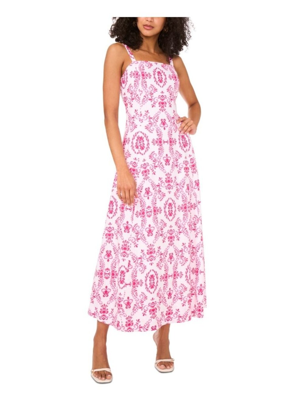MSK Women Square-Neck Sleeveless Rayon linen Maxi Dress Pink Ivory Size M $119